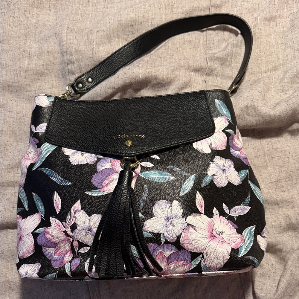 Liz Claiborne Black Floral Shoulder Bag with Tassel